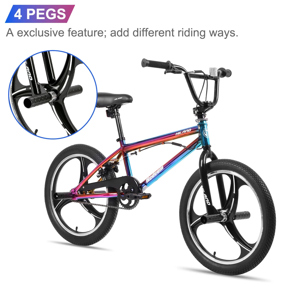 Hiland 20 Inch 3 Spoke Kids BMX Bike for Boys Girls Ages 5-12, 360 Degree Rotor Freestyle, 4 Pegs Single Speed Kid’s BMX Bike