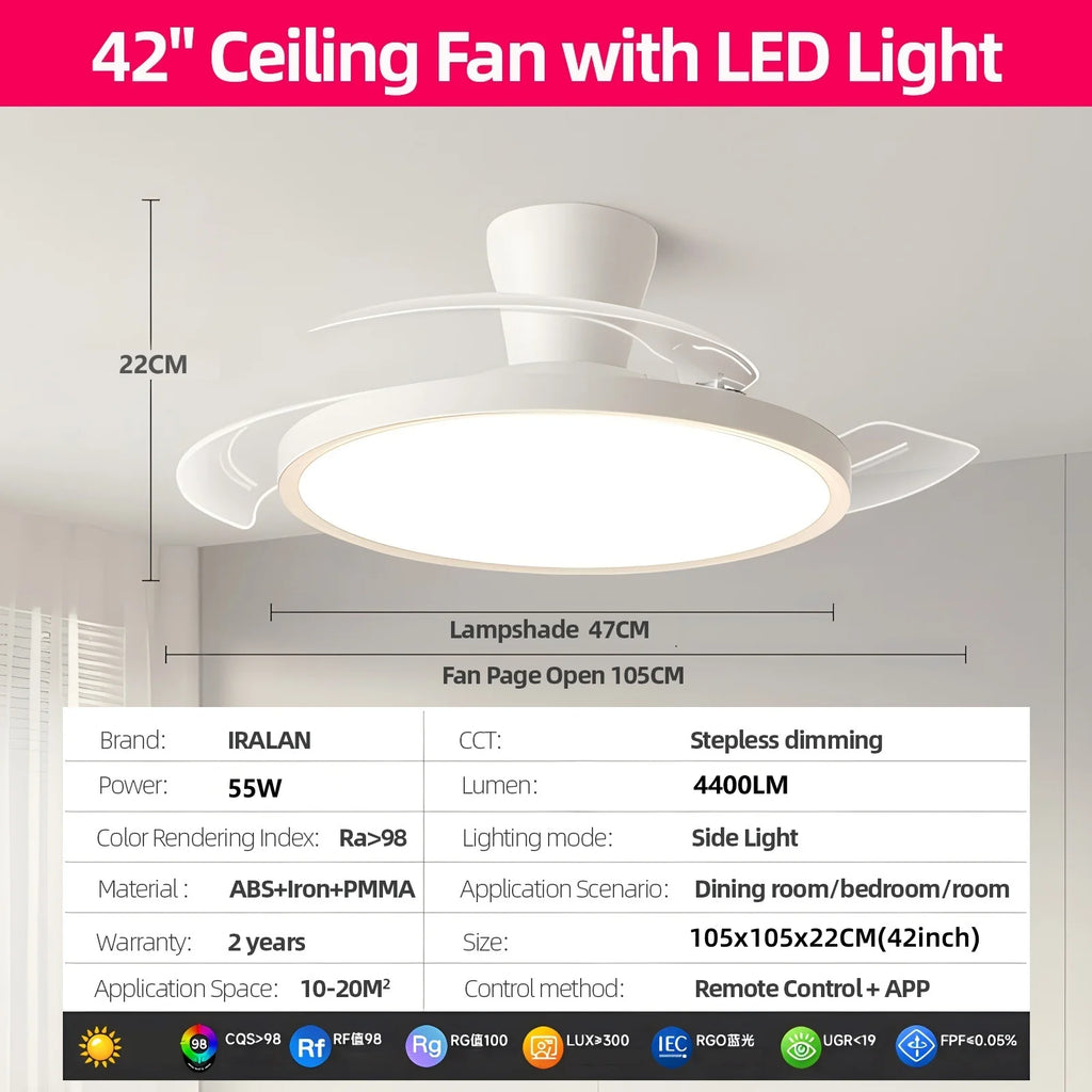 Silent Ceiling Fan Light for Bedroom Decorative Lighting Lamp Air Invisible Blade Retractable Smart Ceiling Fan with Light